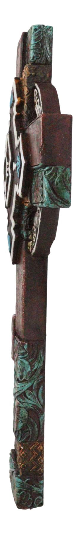 Ebros Gift Southwestern Aztec Vector Wheel Trinity Turquoise Floral Faux Leather Wall Cross