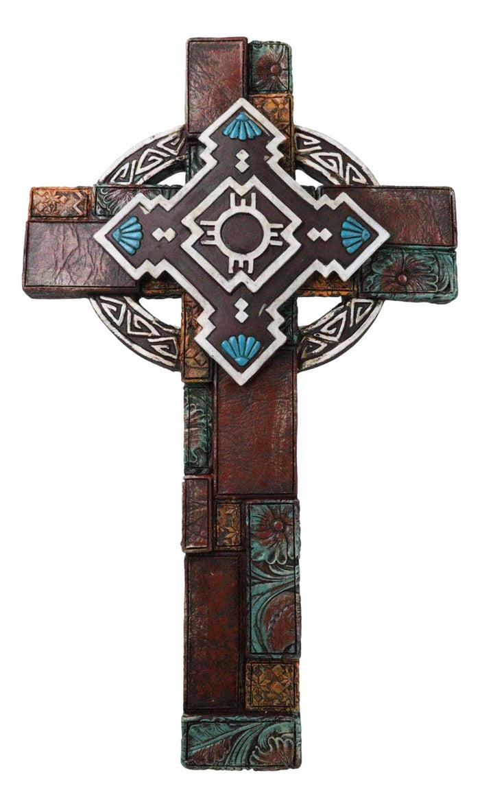 ebros gift Southwestern Aztec Vector Wheel Trinity Turquoise Floral Faux Leather Wall Cross