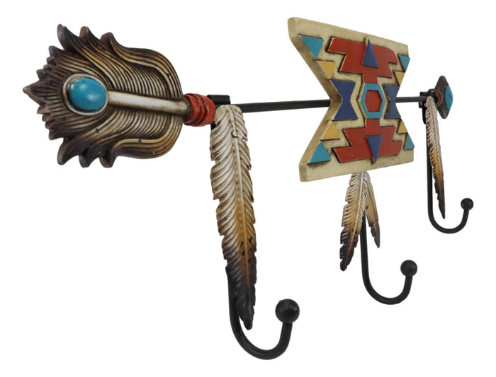 Ebros Gift Southwestern Boho Chic Aztec Turquoise Arrow Feathers 3-Pegs Wall Hooks Decor