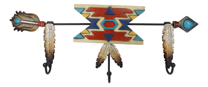 Ebros Gift Southwestern Boho Chic Aztec Turquoise Arrow Feathers 3-Pegs Wall Hooks Decor