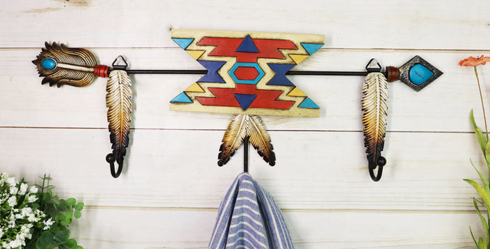 ebros gift Southwestern Boho Chic Aztec Turquoise Arrow Feathers 3-Pegs Wall Hooks Decor