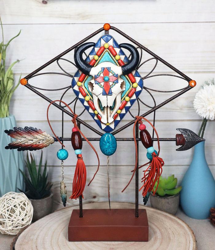 ebros gift Southwestern Boho Cow Skull Arrow Dreamcatcher Feathers Desktop Plaque Figurine