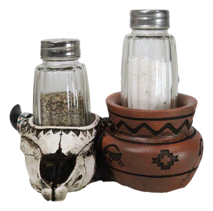 ebros gift Southwestern Buffalo Cow Skull With Canister Jar Glass Salt Pepper Shakers Set
