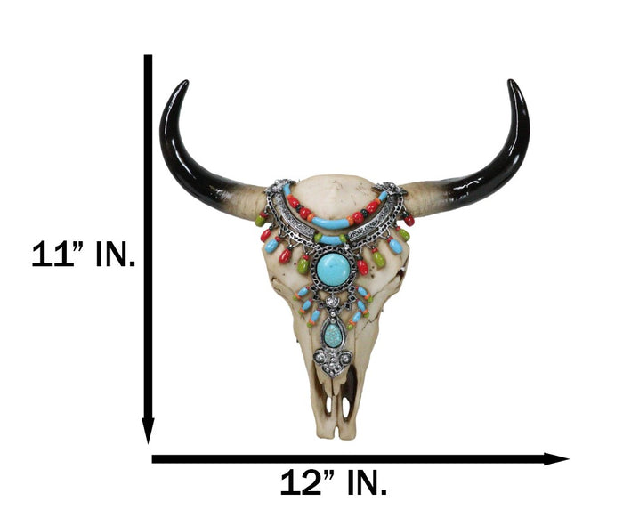 Ebros Gift Southwestern Buffalo Cow Skull With Turquoise Silver Face Jewelry Wall Decor