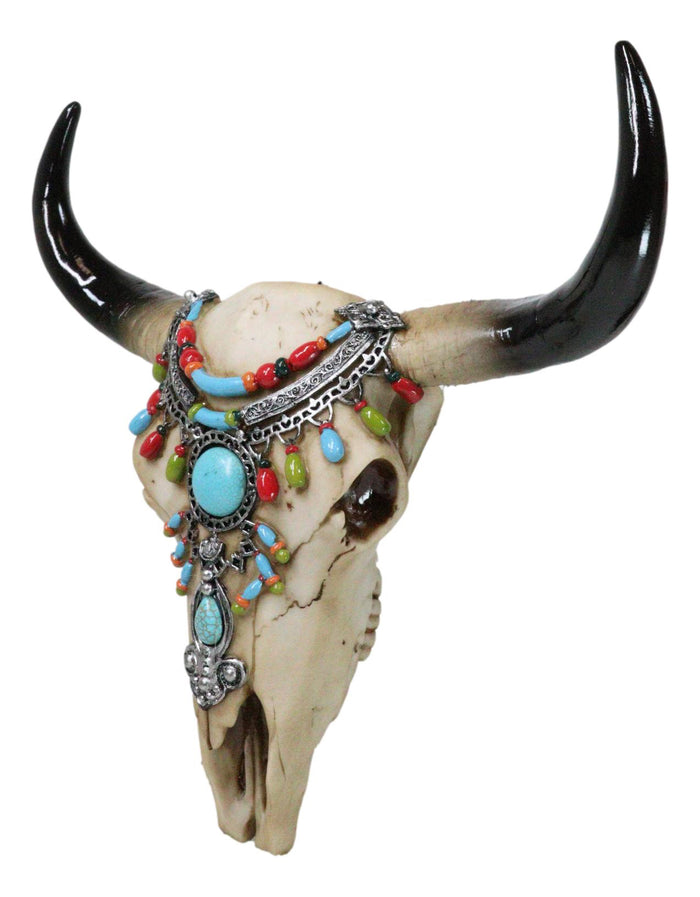 Ebros Gift Southwestern Buffalo Cow Skull With Turquoise Silver Face Jewelry Wall Decor
