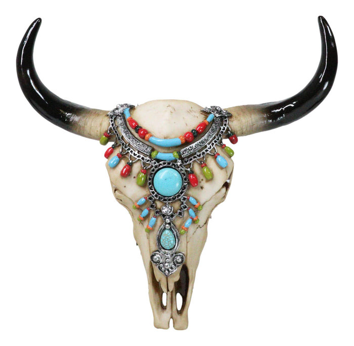 ebros gift Southwestern Buffalo Cow Skull With Turquoise Silver Face Jewelry Wall Decor