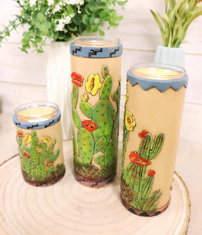 ebros gift Southwestern Desert Cactus With Blooming Flowers Votive Candle Holders Set Of 3