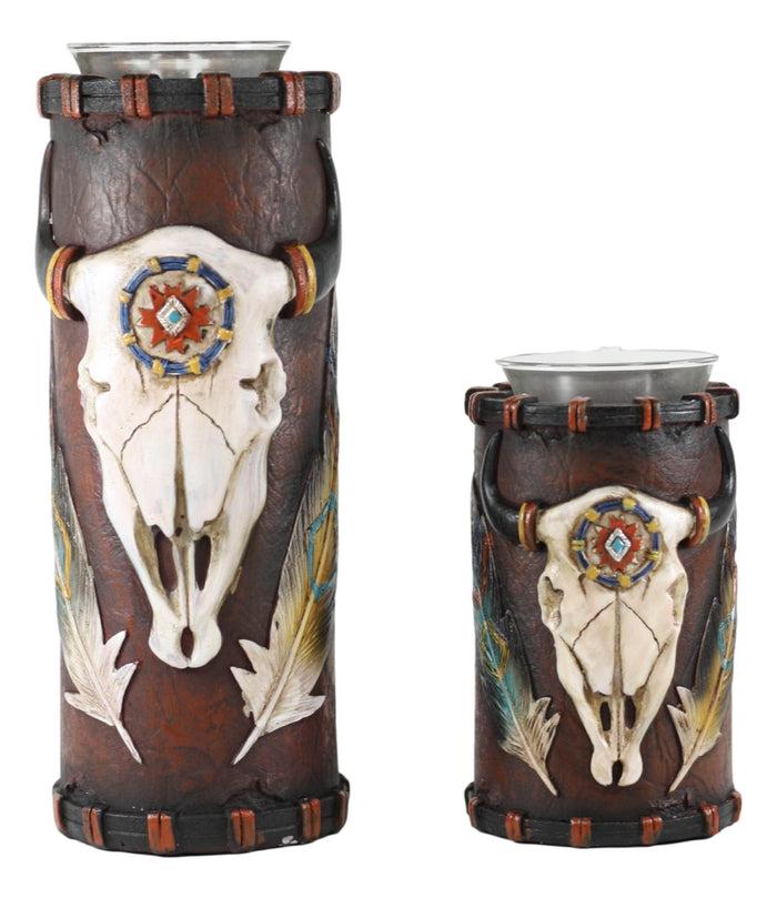 Ebros Gift Southwestern Dreamcatcher Feathers And Bison Skull Votive Candle Holders Set