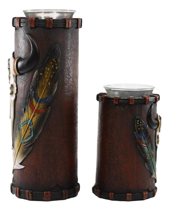 Ebros Gift Southwestern Dreamcatcher Feathers And Bison Skull Votive Candle Holders Set