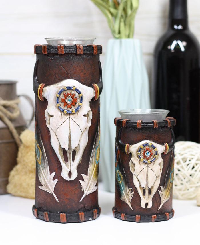 ebros gift Southwestern Dreamcatcher Feathers And Bison Skull Votive Candle Holders Set