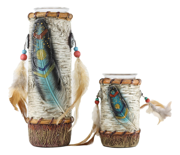 Ebros Gift Southwestern Dreamcatcher Turquoise Feather Tea Light Votive Candle Holders Set