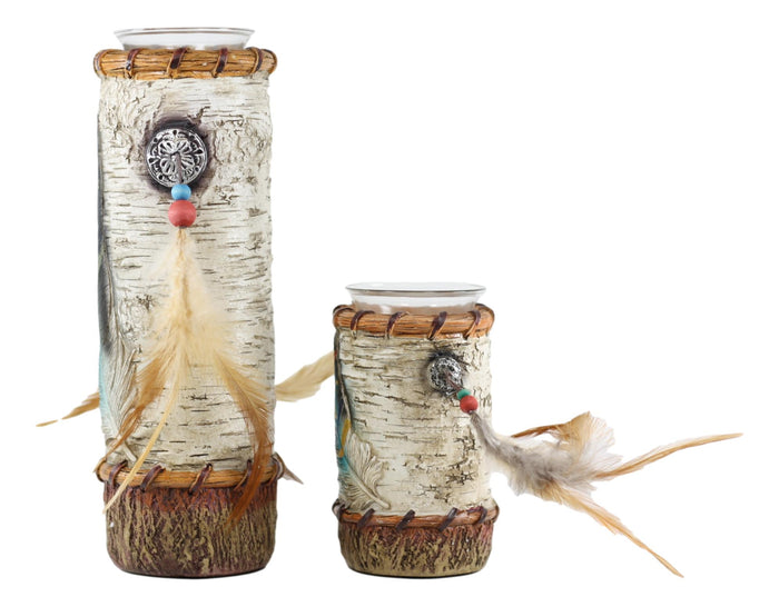 Ebros Gift Southwestern Dreamcatcher Turquoise Feather Tea Light Votive Candle Holders Set