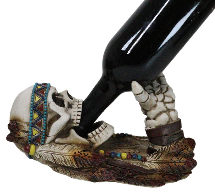 ebros gift Southwestern Indian Chief Warpath Skeleton Skull Guzzling Bottle Wine Holder