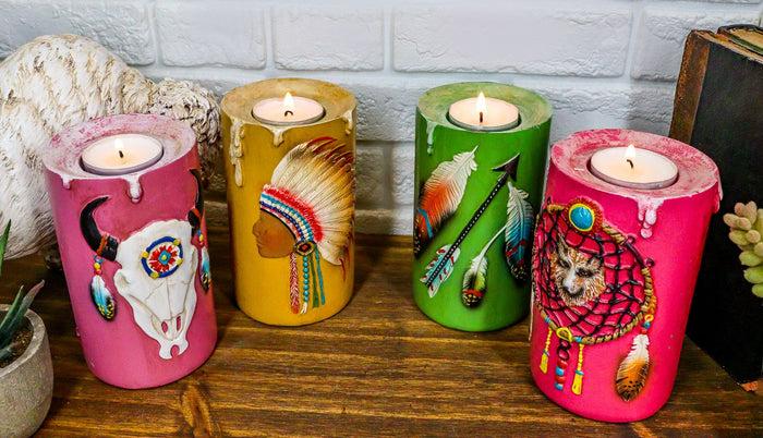 ebros gift Southwestern Indian Dreamcatcher Feathers Colorful Votive Candleholders Set Of 4