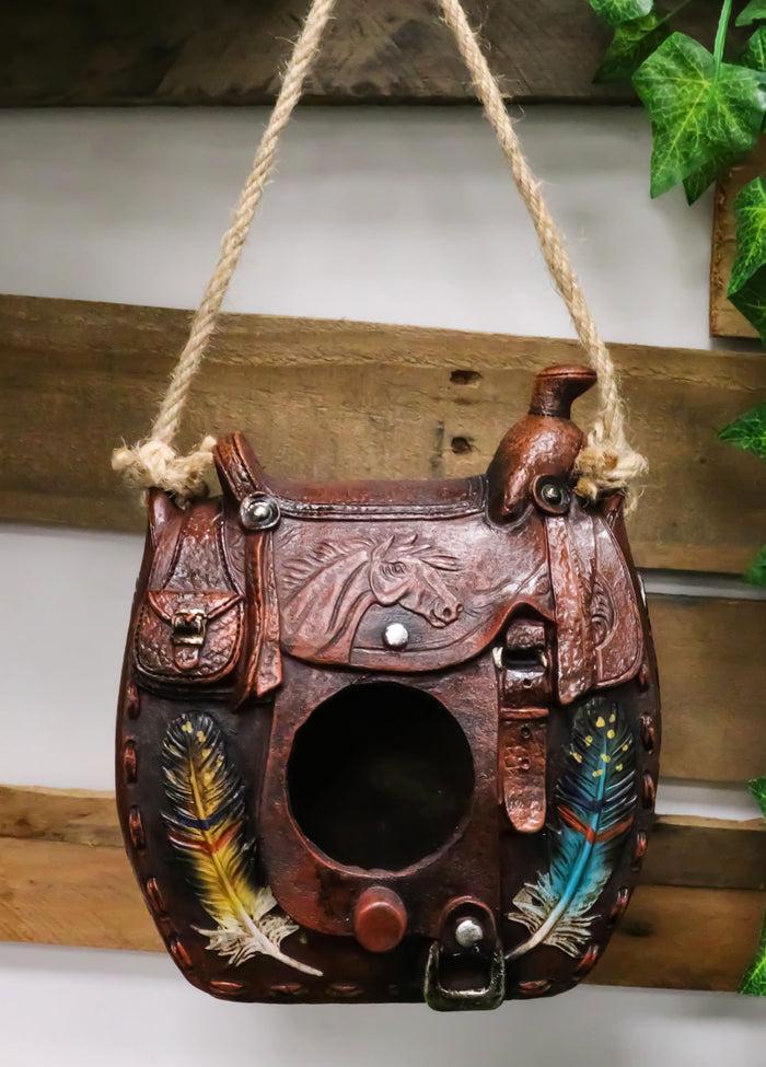 ebros gift Southwestern Indian Feathers Cowboy Horse Saddle Hanging Birdhouse Bird Feeder