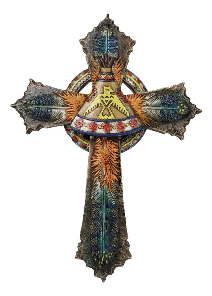 ebros gift Southwestern Indian Feathers Teepee Sacred Eagle Faux Wooden Rustic Wall Cross