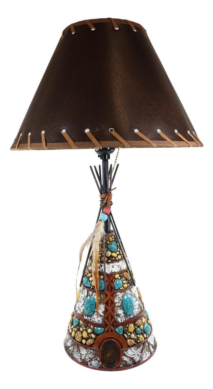Ebros Gift Southwestern Indian Teepee Hut Dreamcatcher Feathers Turquoise Rocks Table Lamp