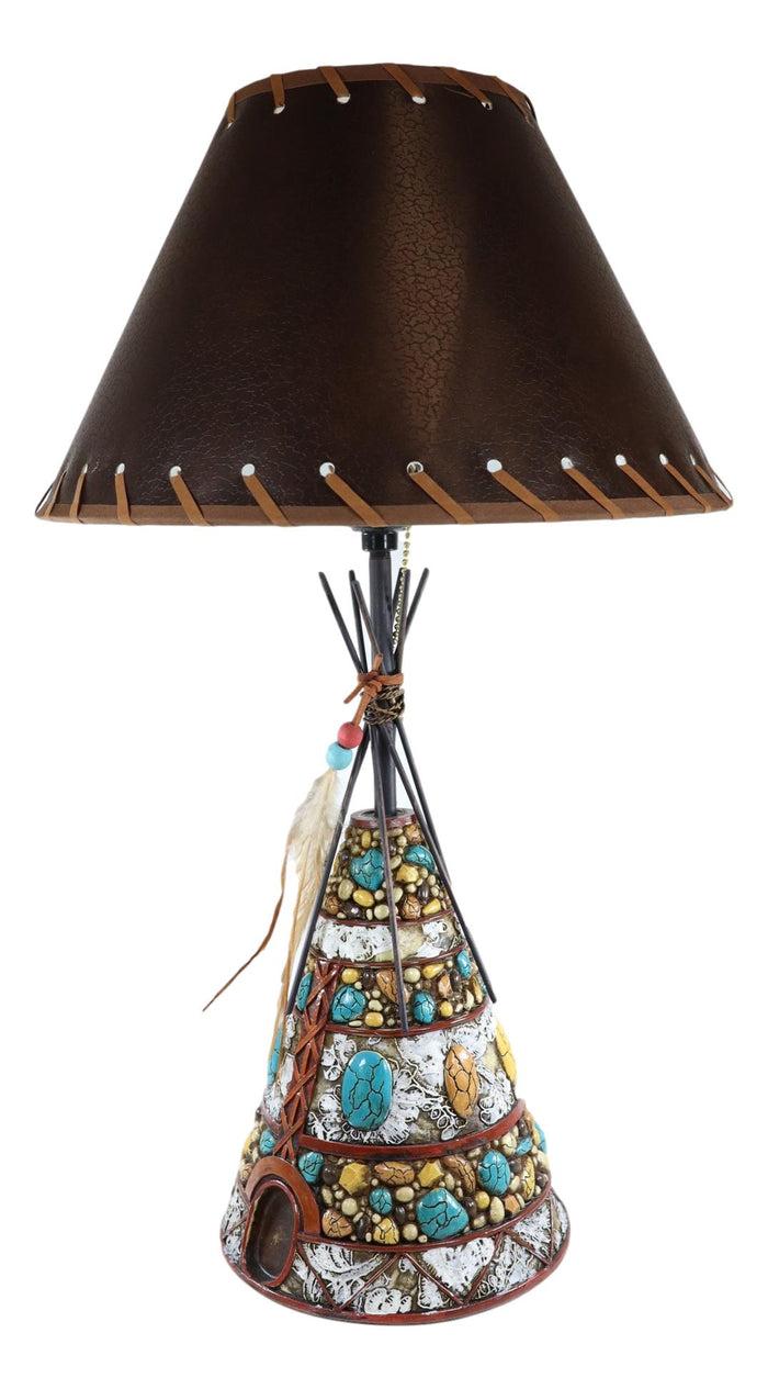 Ebros Gift Southwestern Indian Teepee Hut Dreamcatcher Feathers Turquoise Rocks Table Lamp