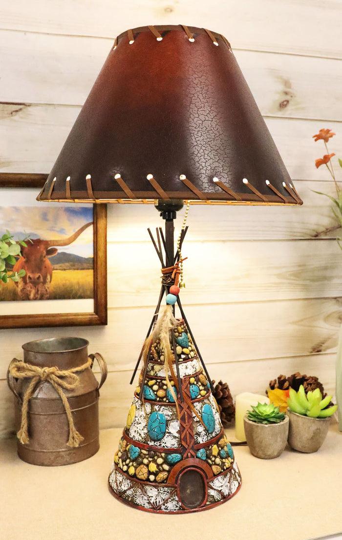 ebros gift Southwestern Indian Teepee Hut Dreamcatcher Feathers Turquoise Rocks Table Lamp