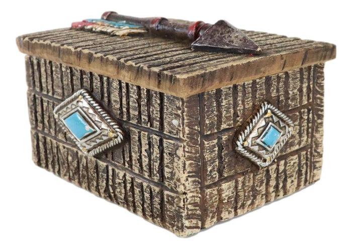 Ebros Gift Southwestern Indian Turquoise Arrow Feather Faux Wooden Decorative Jewelry Box