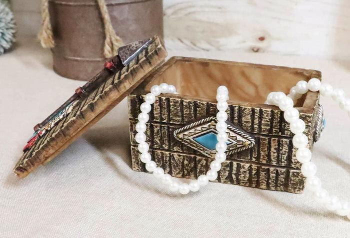 Ebros Gift Southwestern Indian Turquoise Arrow Feather Faux Wooden Decorative Jewelry Box