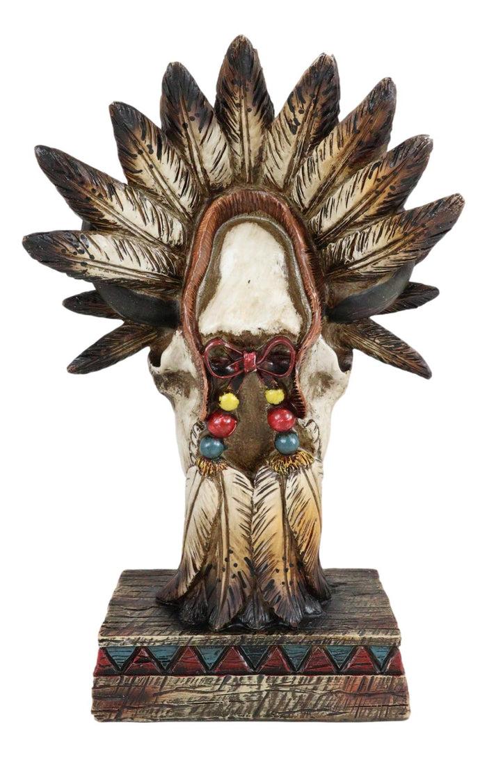 Ebros Gift Southwestern Native Indian Cow Skull With Tribal Chief Roach Headdress Figurine