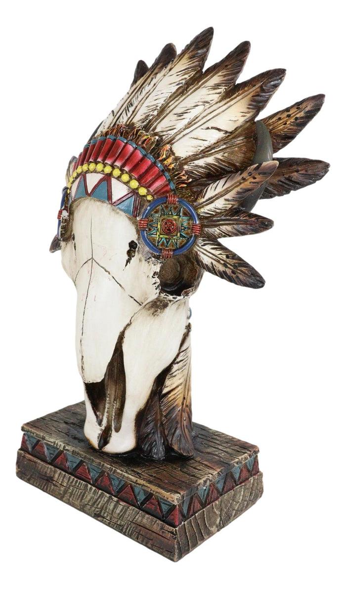 Ebros Gift Southwestern Native Indian Cow Skull With Tribal Chief Roach Headdress Figurine