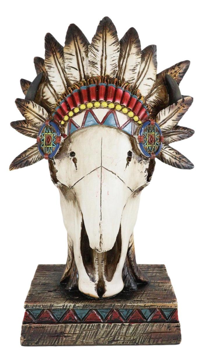 Ebros Gift Southwestern Native Indian Cow Skull With Tribal Chief Roach Headdress Figurine