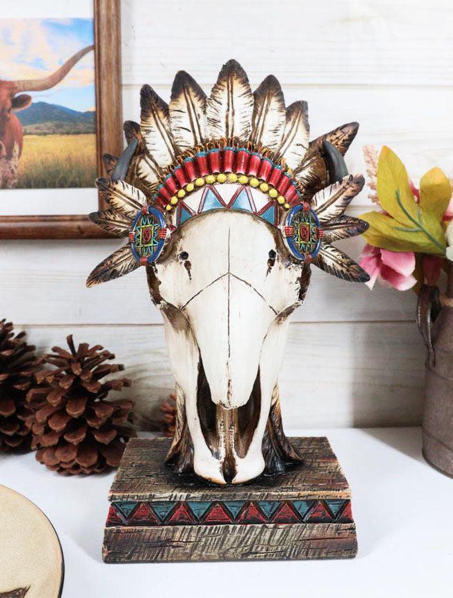 ebros gift Southwestern Native Indian Cow Skull With Tribal Chief Roach Headdress Figurine