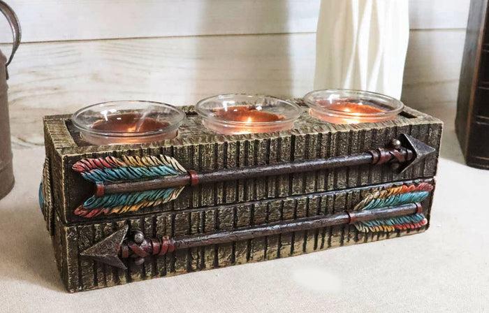 ebros gift Southwestern Native Indian Turquoise Feather Arrows 3 Votives Candle Holder