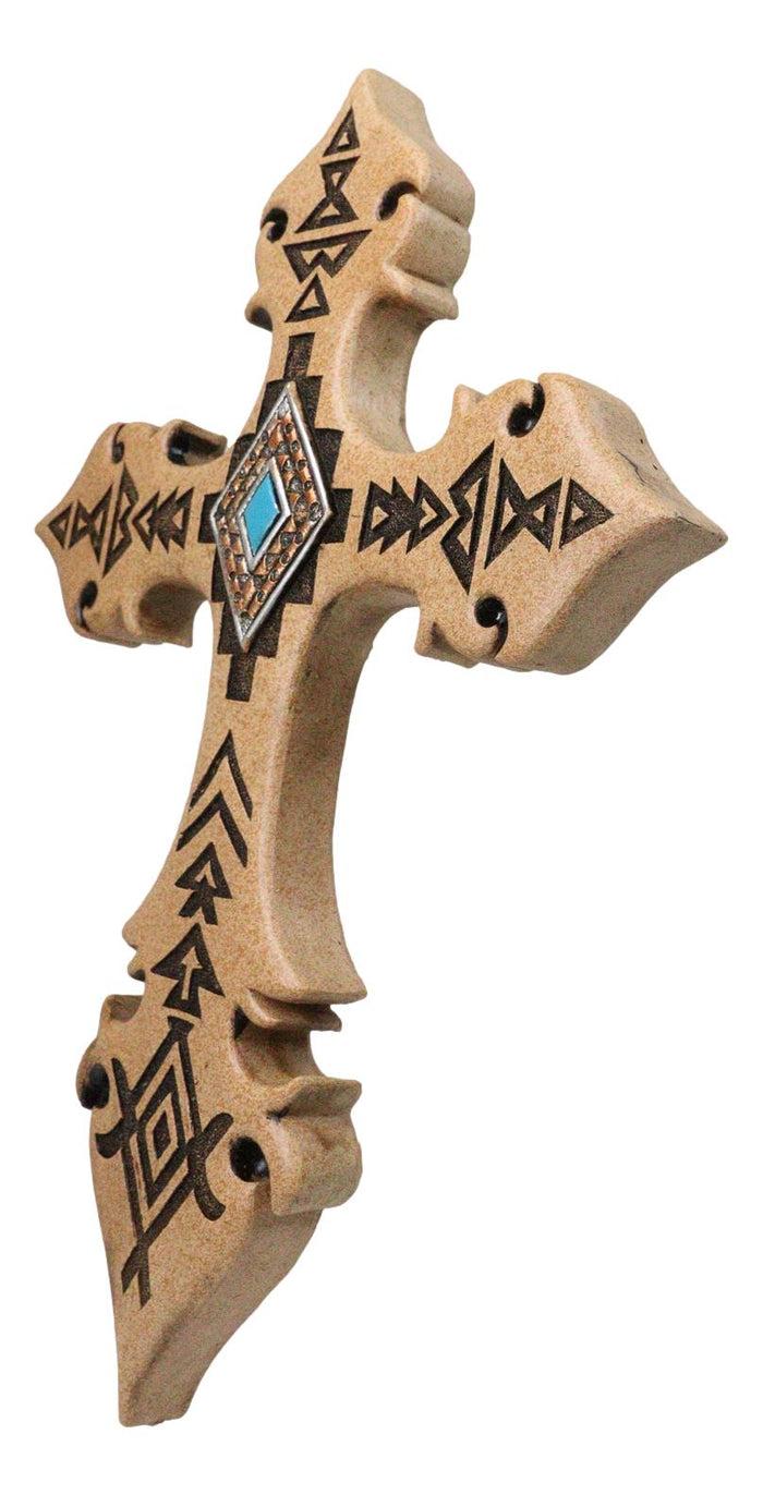 Ebros Gift Southwestern Rustic Aztec Vectors Turquoise Diamond Cream Wall Cross Figurine