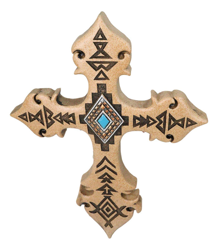 Ebros Gift Southwestern Rustic Aztec Vectors Turquoise Diamond Cream Wall Cross Figurine
