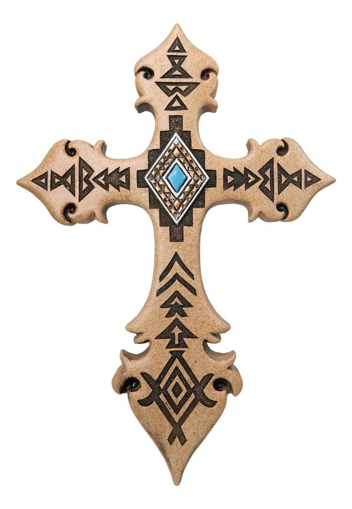ebros gift Southwestern Rustic Aztec Vectors Turquoise Diamond Cream Wall Cross Figurine