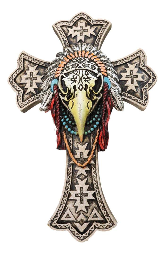 ebros gift Southwestern Rustic Native Tribal Raven Crow Skull Headdress Roach Wall Cross