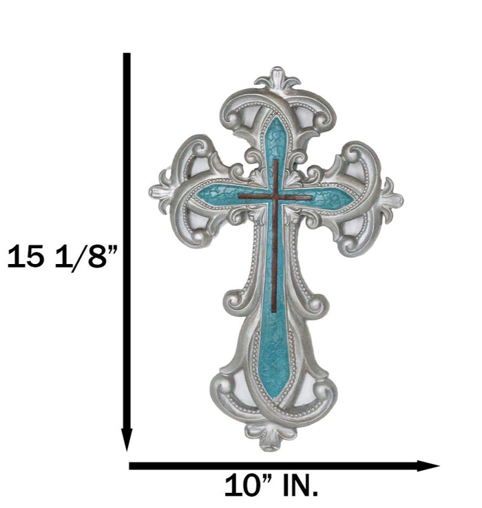 Ebros Gift Southwestern Silver Fleur De Lis Scroll Art With Layered Turquoise Wall Cross