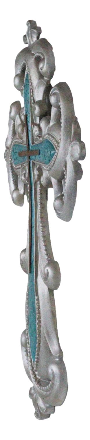 Ebros Gift Southwestern Silver Fleur De Lis Scroll Art With Layered Turquoise Wall Cross