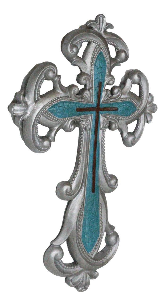 Ebros Gift Southwestern Silver Fleur De Lis Scroll Art With Layered Turquoise Wall Cross