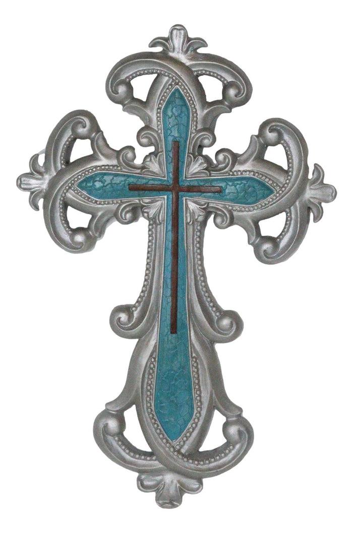 ebros gift Southwestern Silver Fleur De Lis Scroll Art With Layered Turquoise Wall Cross