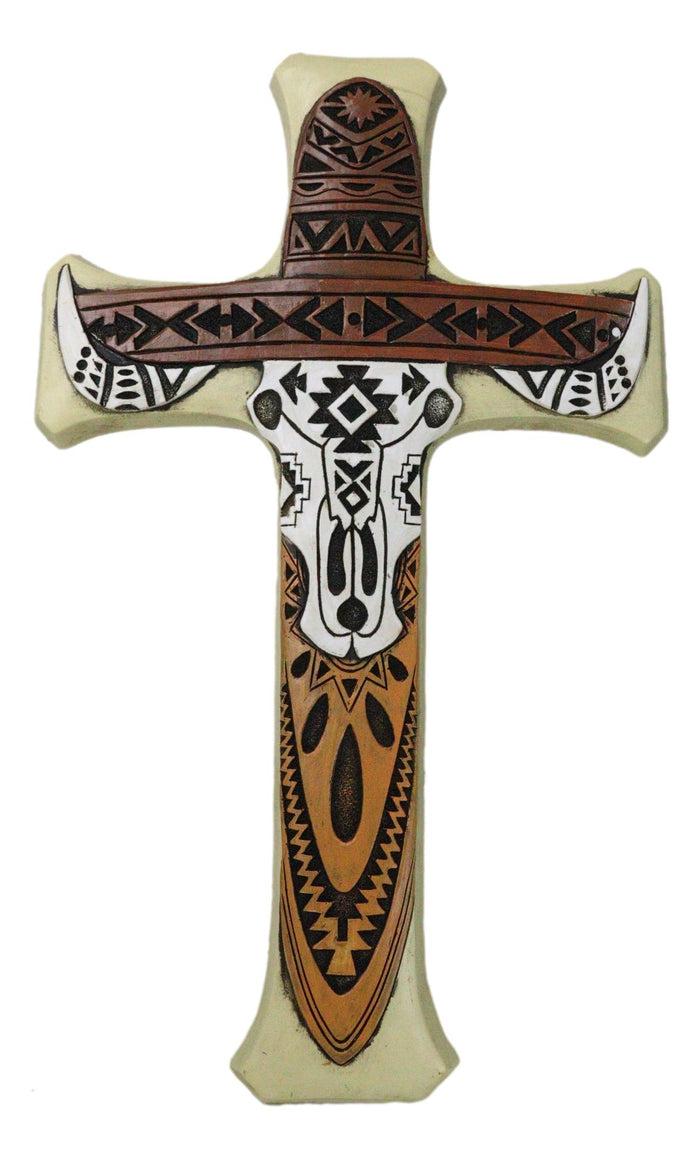 ebros gift Southwestern Tiki Tribal Tattoo Cowboy Hat Bull Cow Skull Wall Cross Plaque