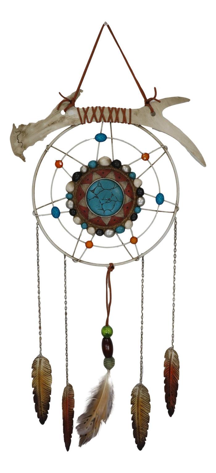Ebros Gift Southwestern Tribal Boho Chic Antler Turquoise Rocks Feathers Wall Dreamcatcher