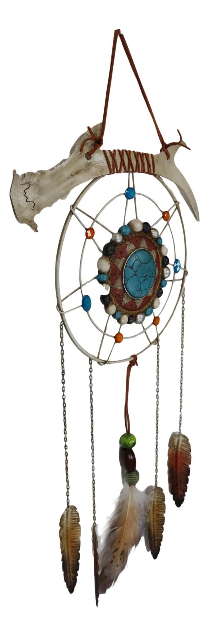 Ebros Gift Southwestern Tribal Boho Chic Antler Turquoise Rocks Feathers Wall Dreamcatcher
