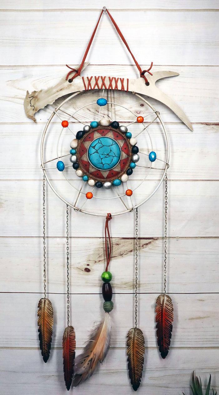 ebros gift Southwestern Tribal Boho Chic Antler Turquoise Rocks Feathers Wall Dreamcatcher