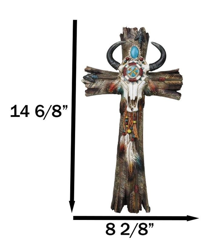 Ebros Gift Southwestern Tribal Cow Skull With Arrows Turquoise Gems And Feathers Wall Cross
