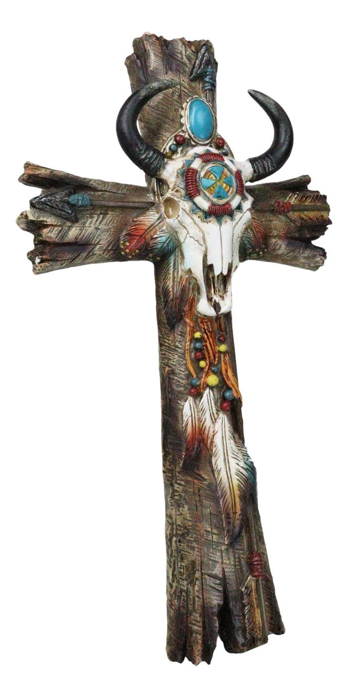 Ebros Gift Southwestern Tribal Cow Skull With Arrows Turquoise Gems And Feathers Wall Cross
