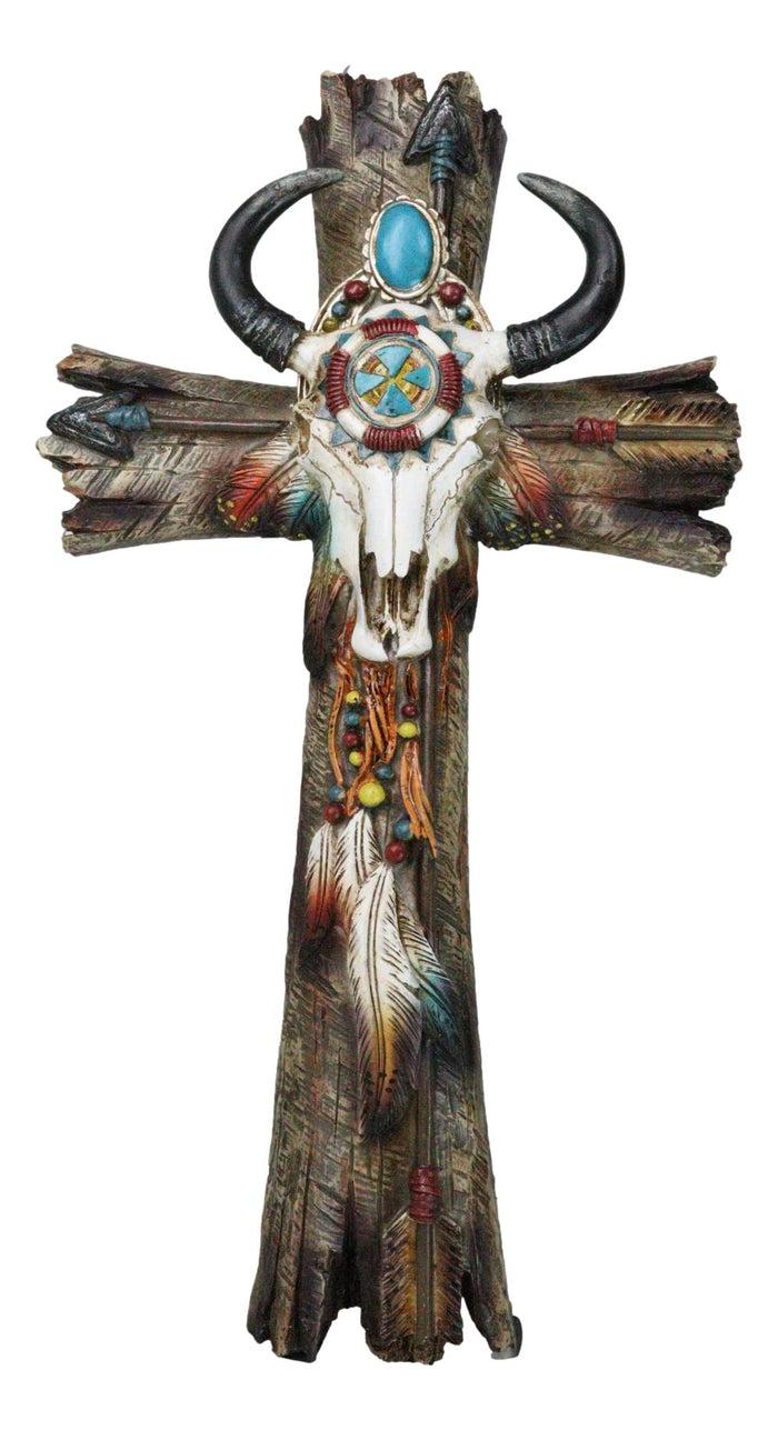 ebros gift Southwestern Tribal Cow Skull With Arrows Turquoise Gems And Feathers Wall Cross