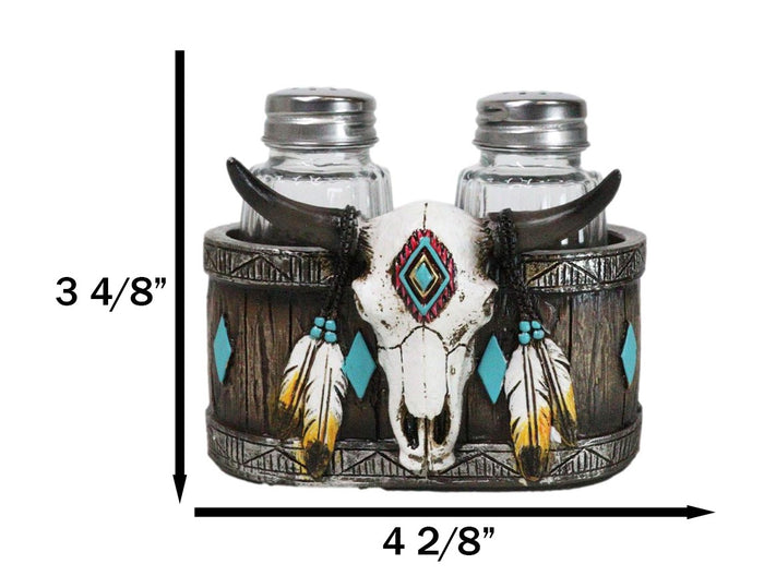 Ebros Gift Southwestern Tribal Indian Bison Skull With Feathers Salt Pepper Shakers Holder