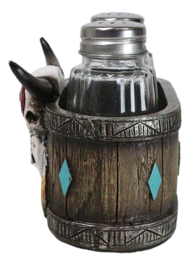Ebros Gift Southwestern Tribal Indian Bison Skull With Feathers Salt Pepper Shakers Holder