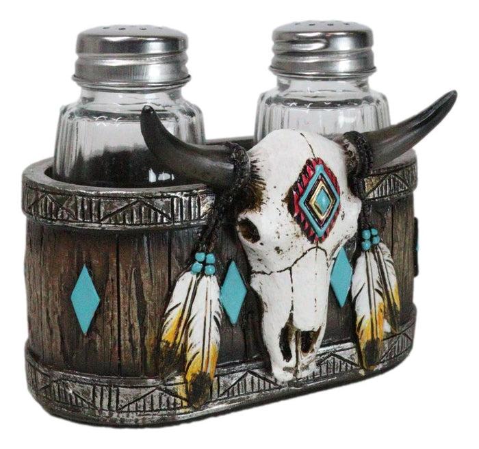 Ebros Gift Southwestern Tribal Indian Bison Skull With Feathers Salt Pepper Shakers Holder