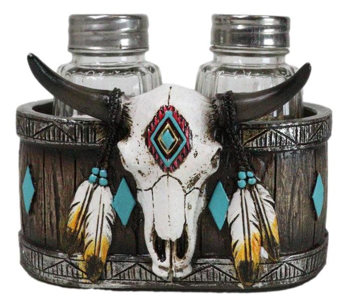 ebros gift Southwestern Tribal Indian Bison Skull With Feathers Salt Pepper Shakers Holder
