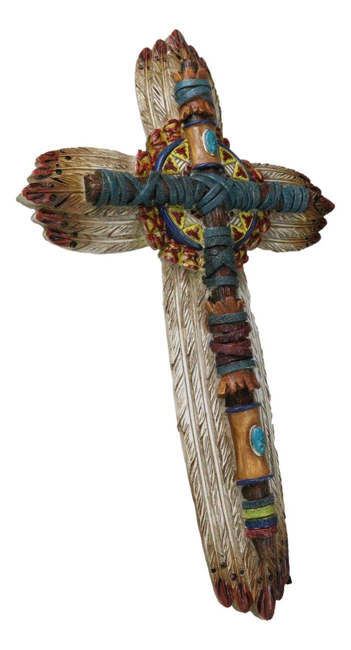 Ebros Gift Southwestern Tribal Indian Feathers Turquoise Rocks Navajo Symbols Wall Cross